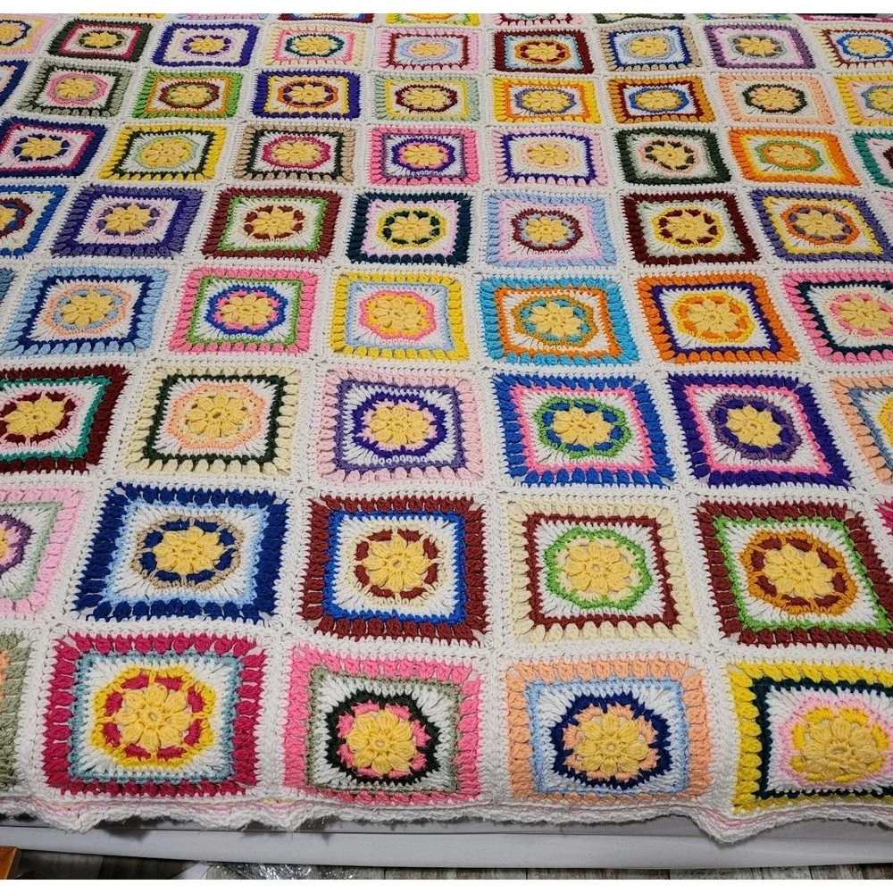 Vibrant Handmade Crochet Granny Square Afghan Blanket MultiColor Floral Sunburst